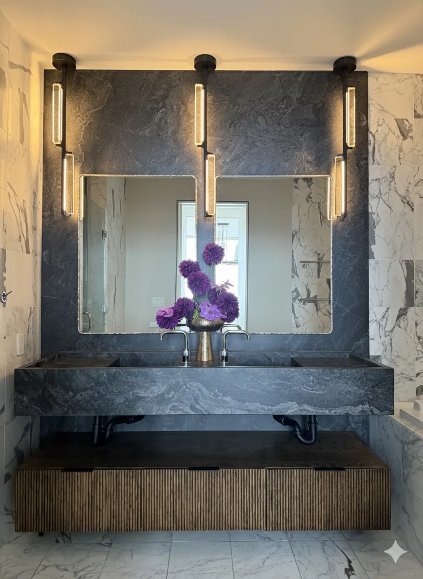 Custom dark stone floating vanity with lit mirror